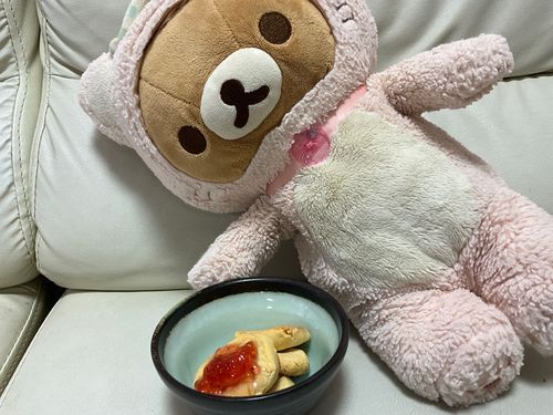 飼い主ちゃんにクッキーを作ってもらいました🍪
甘さは少し控えめ！イチゴジャムを塗ったら美味しいんじゃない？とか飼い主ちゃんが言っていたので塗りました🍓♥️とっても美味しかったよ〜！！😋
作り方は知らないけど、もし作り方が分かったら作ってみてね😝