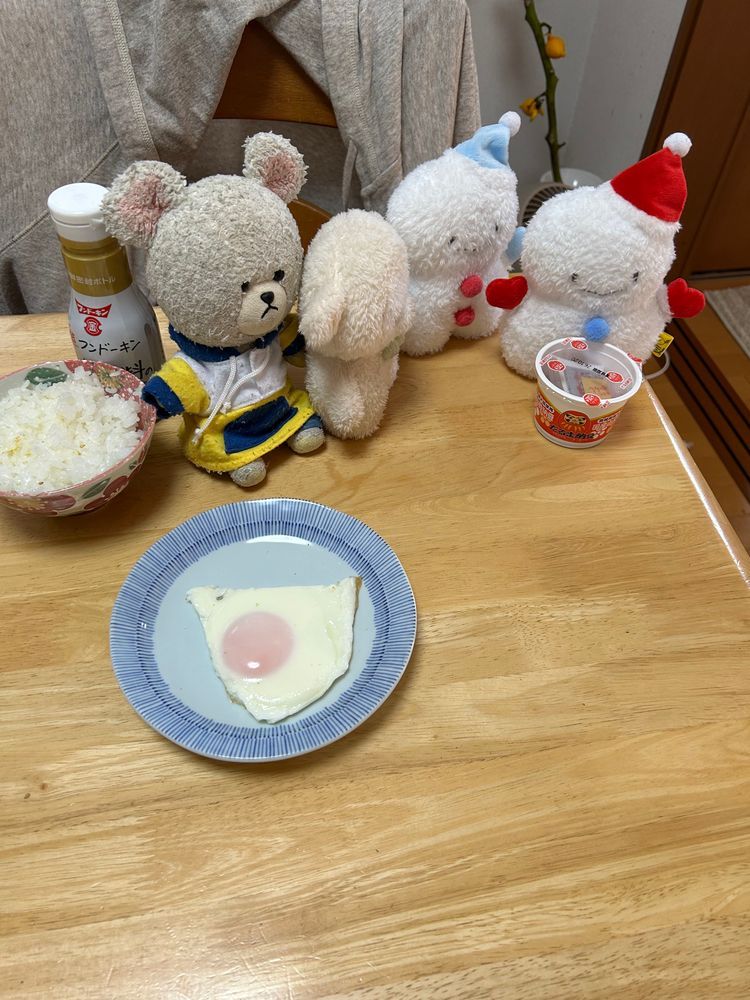 今朝、ぴーしゃんが目玉焼きとだるま納豆を朝ごはんにしようとしていました。
👀‼️
青い帽子の子はゆきたん、雪だるまです☃️
赤い帽子の子はだるたん、雪だるまです⛄️
あの納豆にはだるとお名前が書いてあるので、だるたんのです。
よし運ぼう❗️
うんしょ❗️こらしょ‼️
