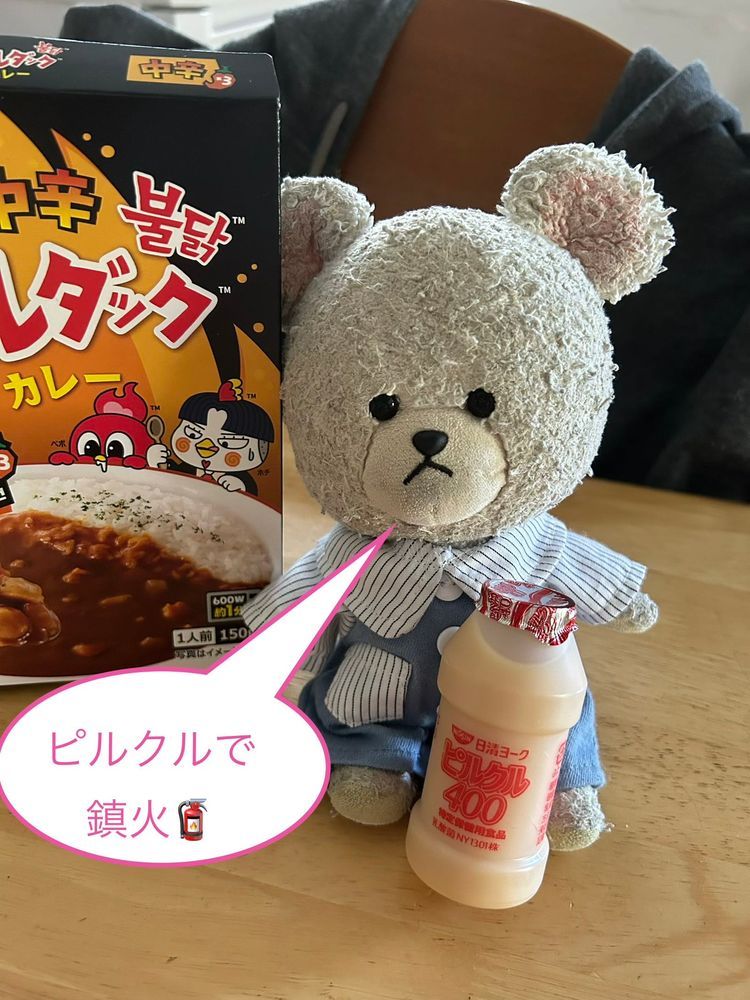 ブルダックカレー　いざ入門🍛
ぴーしゃん、、ひと口目で🔥
たっぷりチーズと牛乳でのばして〜
何とかいけるレベルに🧀🥛🍛🥄🐻‍❄️
いや〜半分の量で足りる💦次回からは２日分に分けよう❣️（懲りずに食べるつもり🐻‍❄️）

この前のイワシカちゃん
本ぬいに希望聞いたら、『シカだから、しーっしっしっ、かーっかっかっ🤣って笑うんだ🦌だから、シシかカカにする』ってから、シシになったよ🐻‍❄️💦
可愛い女の子だと思ったら、キャラ濃い👀💦さて、シシちゃんと仲良くセブンイレブン戦利品チェック👀
チョコミン党として、アイスチェックは欠かせない👍これ美味しかった❤️