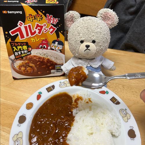 ブルダックカレー　いざ入門🍛
ぴーしゃん、、ひと口目で🔥
たっぷりチーズと牛乳でのばして〜
何とかいけるレベルに🧀🥛🍛🥄🐻‍❄️
いや〜半分の量で足りる💦次回からは２日分に分けよう❣️（懲りずに食べるつもり🐻‍❄️）

この前のイワシカちゃん
本ぬいに希望聞いたら、『シカだから、しーっしっしっ、かーっかっかっ🤣って笑うんだ🦌だから、シシかカカにする』ってから、シシになったよ🐻‍❄️💦
可愛い女の子だと思ったら、キャラ濃い👀💦さて、シシちゃんと仲良くセブンイレブン戦利品チェック👀
チョコミン党として、アイスチェックは欠かせない👍これ美味しかった❤️