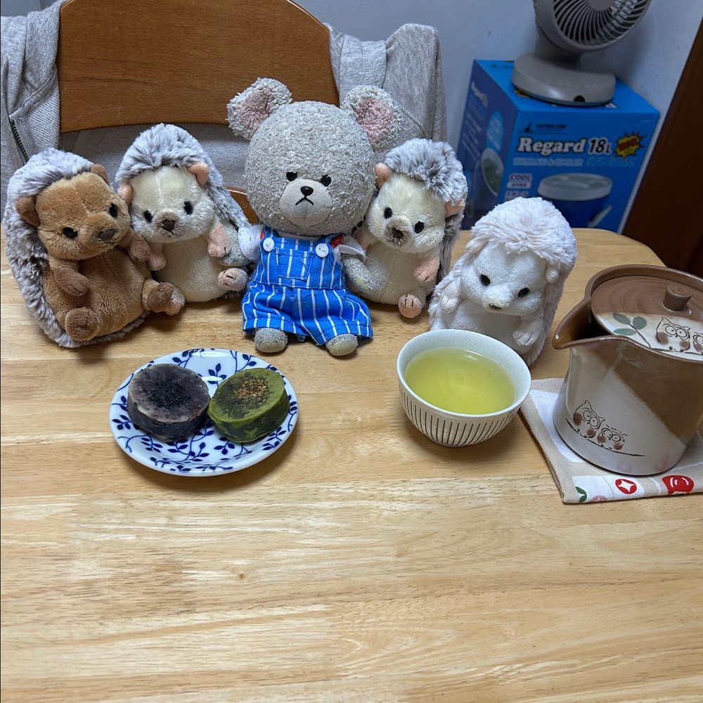 さっそく榮太樓のきんつばでお茶にしたんだよ🍵
今日は玄米茶❣️
なんか、すでにいい香り🍵ちっくんなんて、スタンバイオッケーだ🤭
あんこと抹茶の２種類楽しんじゃお〜❤️
ひと口パクッと食べて、まろんちゃん、うにちゃん、ぼんちゃんは遊びへ🦔💨
ちっくん、玄米茶をゆっくり楽しんでるね🦔
わぁ〜、抹茶のきんつばの中、あんこも見える👀✨
上品な甘さで、どちらも美味しかった❣️
