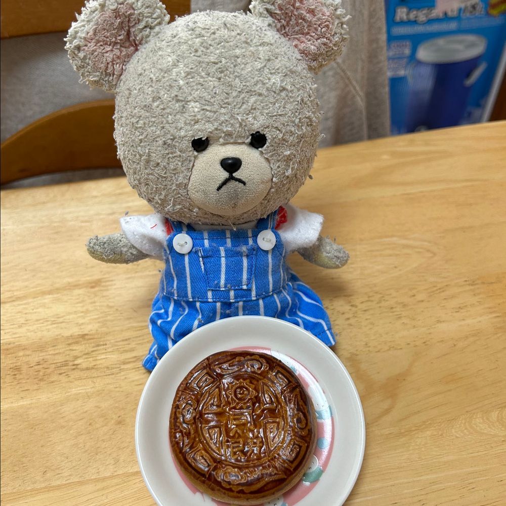 今日のぴーしゃんのやる気の素は月餅なの❣️
合わせるのは〜凍頂烏龍茶✨

月餅って表面の模様が魅力のひとつだよね👍
胡桃かおるごまあんが濃い❤️
そこに烏龍茶を…
ん〜🐻‍❄️✨
幸せ😊