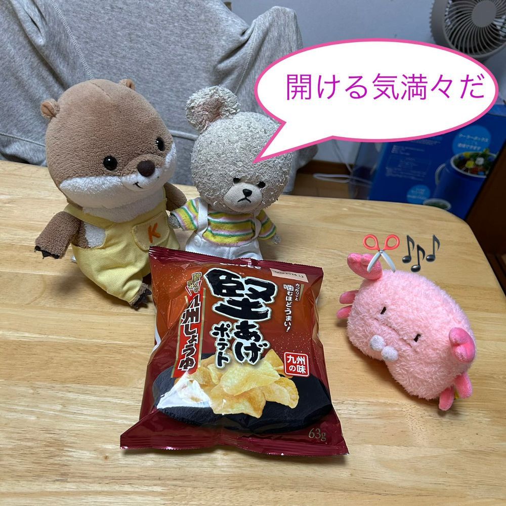 こっつんが雨で暇だから、サクサクしようって堅あげポテト持ってきたの❣️
手でやっても開かないからハサミもらおうと思ったら、ちょきたんきたの🦀
様子見てるとね、ご自慢のハサミでチョキチョキ✂️
でも、やっぱり開かないって🤣