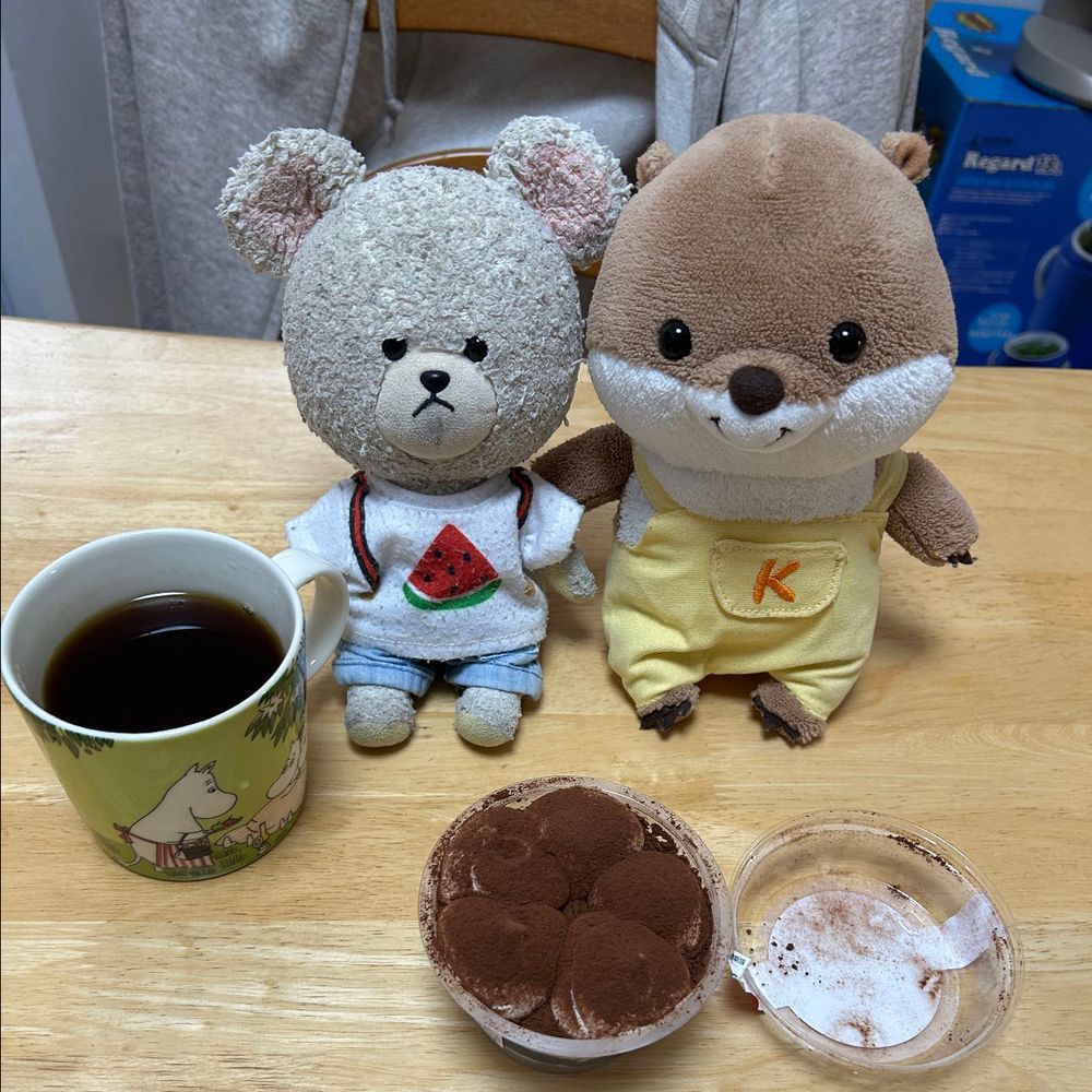 ローソンでロールケーキ以外も…
シマちゃんそっくりで連れ帰るって駄々っ子してゲットしたパンと、からあげ、ティラミス、チョコバッキーピスタチオ❣️
こっつんと、ティラミスを🥄✨
下にコーヒー液がひたひたでにがと甘のベストバランス👍
からあげにはハチミツ漬けレモンに炭酸水いれたしゅわしゅわを🍋✨
あれ？からあげ…減ってる👀‼️
こら〜‼️お家の人〜‼️こっそりつまみ食いしたなーーーーッッ‼️🐻‍❄️💢
ひどいオトナだ…🥲