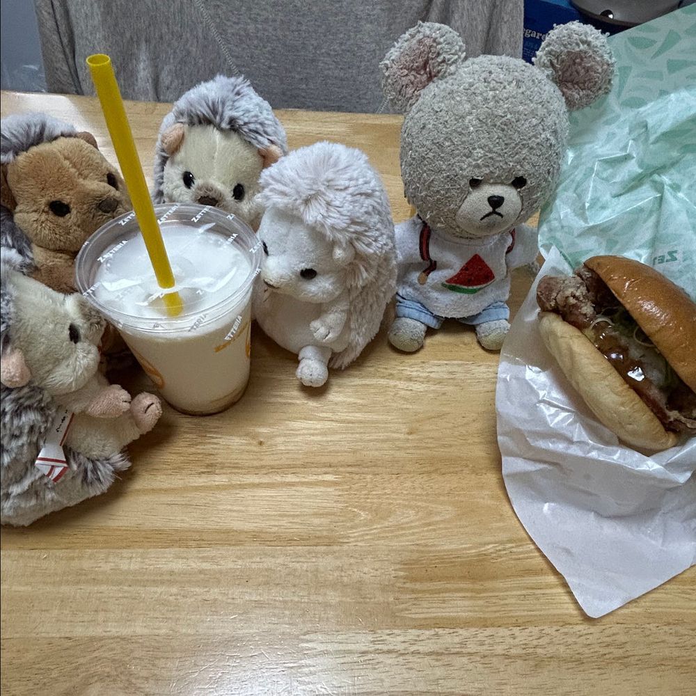 ぴーしゃん、ゼッテリアでお昼買ったんだけど、持ち帰るうちに冷めちゃうからってポテト🍟お家の人と食べながら帰ってきたの🚙
あ〜ないとなると、やっぱり寂し…
そこに　ちくまろうにぼんが…ポテトがないと騒いでる💦💦
ぴーしゃんから、いい匂いするって😱💦
シェーキの方もいい匂いっていってみんな飲みに行ったよ〜🥤ヒヤヒヤしたな😅
このバーガーはね、夏の和風バーガー　瀬戸内レモンねぎ塩バーガー🍔だよ❣️
美味しかった✨