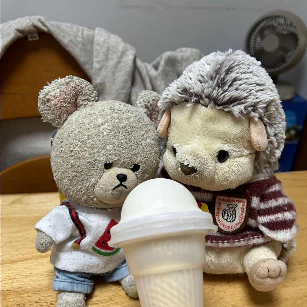 はりーちゃんと、これ食べるよ〜
プラスチックのカチカチするのに入ってるの❗️マイクみたいだ🎤ってお家の人がぴーしゃんとはりーちゃんに食べたいですかぁ〜？ってインタビューごっこ💦
とけちゃうでしょ‼️
はりーちゃんからどうぞ🦔
ぴーしゃんもあむ❗️あむあむあむ🐻‍❄️
さっぱり味が懐かしい系アイスだ✨