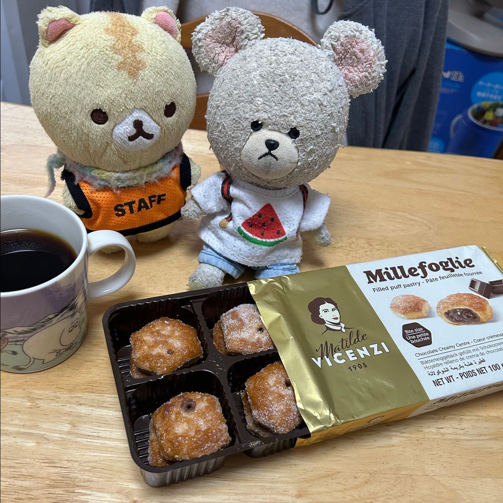 この前のお菓子が２個だけだ👀💦
にゃんちゃんと１個ずつするけど足りないから、チョコのを開けよう✂️
美味しそう😋
お皿に乗せて〜コーヒーと☕️🐻‍❄️
あとはにゃんが預かるにゃって言ってちくまろうにぼんに配りにいってくれたよ🐱
お昼ごはん、残り物のゆでそばが冷蔵庫に…
山芋おろして、揚げ玉とネギと温泉たまごトッピングして🥚
最強だ✨