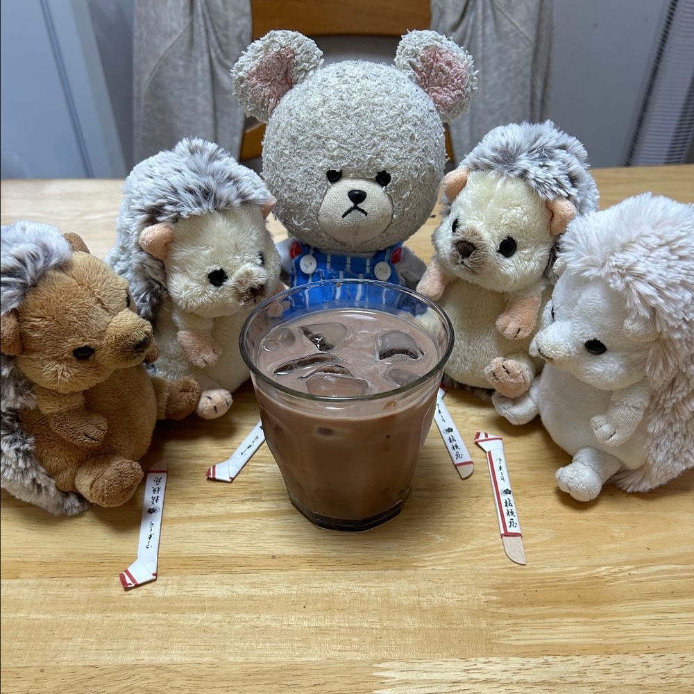暑い🥵
朝から汗だく💦
お家の人がアイスココアのスペシャル作ってくれるって❣️
ぴーしゃんも、ちくまろうにぼんも、準備できてる😋
期限的には今年の1月までのスタバのチョコレートドリンクの粉のやつ🍫
おんなじ品があったら欲しかった〜😭
まあ、気を取り直して…
粉入れて、ちょっとの熱湯で練り練り〜🥄✨
ちょっとずつ混ぜながらミルクを注ぐ🥛✨あら?ちくまろうにぼんは刀を床に置いちゃったや🤣戦闘態勢だね🦔
生クリーム使い切りだからって、いっぱいしぼってくれたの💓
群がる食いしん坊たちさ👍