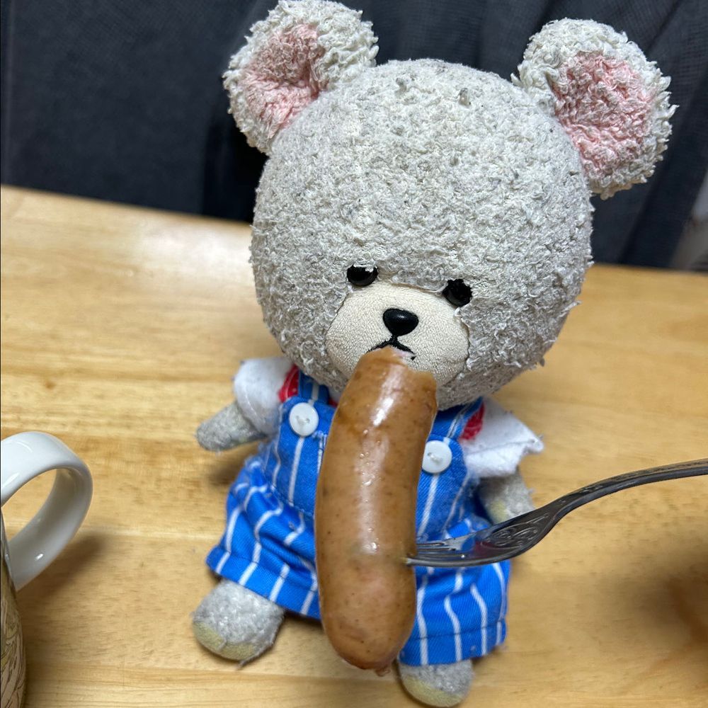 これ、この前買った燻製屋　熟成ウインナーなの❣️
ぴーしゃんの食のアイドル、リュウジ監修なの😍
ちょっと都合で、ちっくん、まろんちゃんに手伝ってもらったんだ🤭
ちっくんが絶妙ポイントを指揮して、まろんちゃんが職人さんなんだって🦔
そんなお品を朝ごはんに召喚なの🥄✨
お供は目玉焼き🍳
トースト🍞餡バターがいいかな😋
いっただきま〜す🐻‍❄️🎶
た〜まらん❗️
ごはんがよかったけど、ないからね😂次に朝ごはんにする時はオープントースターで焼いたのごはんにちゃんとのせるから、リュウジ分かっておくれ〜🐻‍❄️
