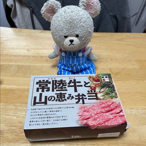 ぴーしゃん、最寄駅の中のコンビニみたいなとこで駅弁買ってきたの👛
常陸牛って🤤
そこの駅の近く（近くもないが…帰り道の途中だし🤣）のスーパー寄ってる間、お弁当車に待たせておいて大丈夫か心配してたんだけど、問題なくうまい👍
家帰ってきたら、廊下をみみずがはってたのも忘れられるくらいうまい😋
あ〜狙ってたもうひとつのお弁当なかった😢近々リベンジ行ってくる🚃
