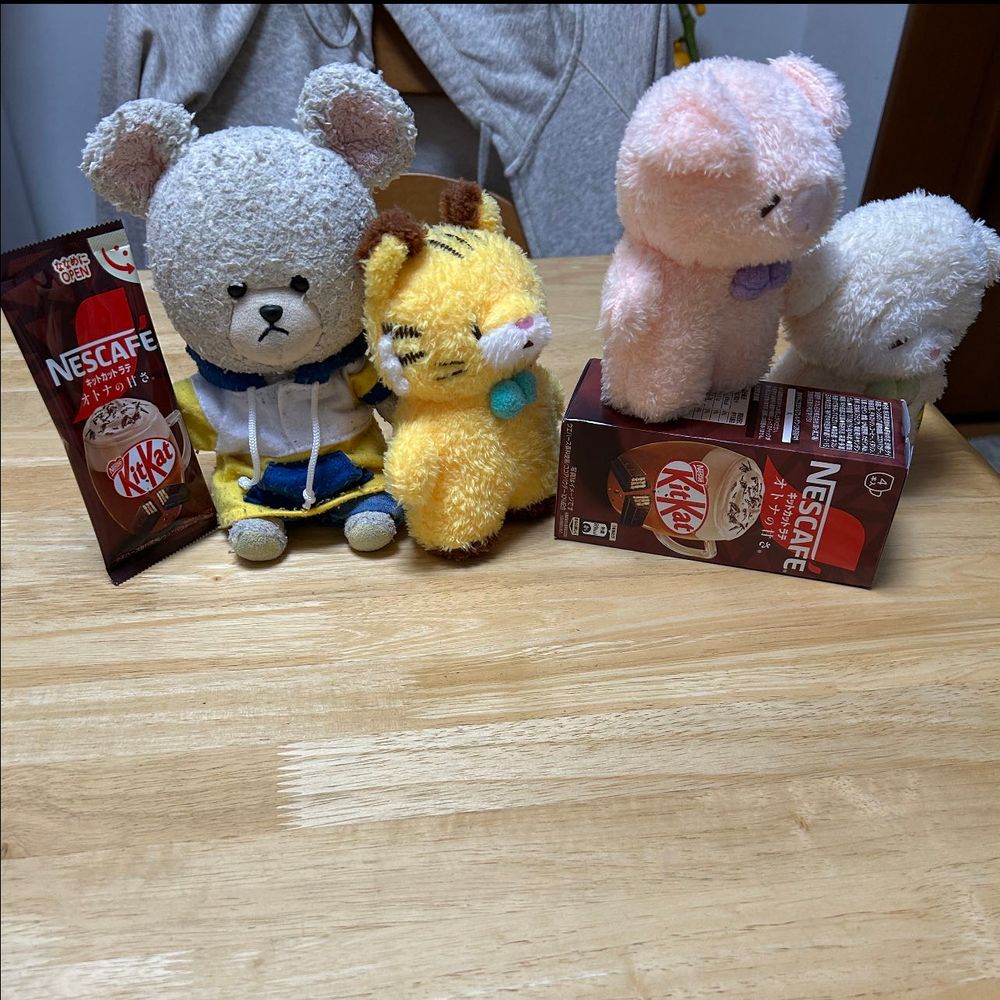 ぴーしゃんがキットカットラテをこっそり楽しもうとしていました。
👀‼️
この子はとらたん、とらです🐯
とらたんの仲良しのぶうたん、ぶたです🐷
キットカットラテにはトラと名前が書いてあります。だから、とらたんのです。
とらたんが交渉しています。
いつもくれるぴーしゃんにお礼の一袋を渡して…よし❗️運ぼう✨
わっしょい♪わっしょい🎶