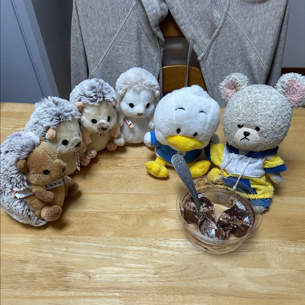 ヨシヨシしてるうちに泣き止んできたぺくちゃん🥲
ぴーしゃんは気が気じゃないよ？
もうすぐぴーしゃんなんだけど、残ってるかな？💦
👀✨
わぁ❣️
ぺくちゃんとぴーしゃんの分が残ってる✨
ちくまろうにぼんが上手に分けっこして残しておいてくれたんだね😍

３枚目…
買い物片付け中何か始めるぺくちゃん…👀❓山芋の間でなにしてるんだろ…
何してるの？
👀‼️
お家の人に抱っこされてるつもりだって…
あ〜あ、お家の人ショック受けてるよ🫨
まあ、ぴーしゃんもそんな風に見えるけどね👀💦