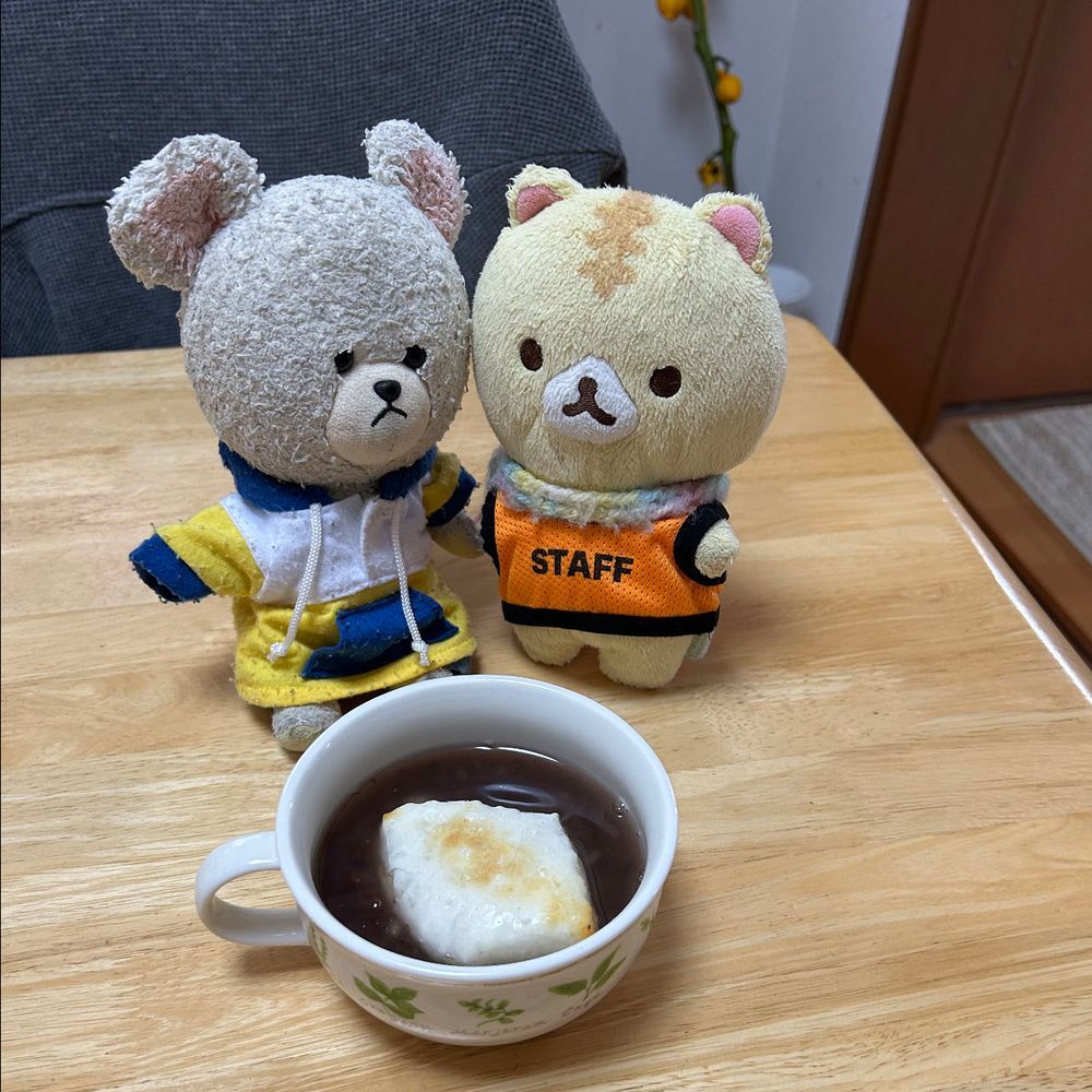 餅が切れる固さになったから、カットして楽しんだんだ〜🔪✨
まずはこっつんと仲良くお雑煮✨
２枚目
収納捜索して見つけてきたもち麦ぜんざい🫘あんこにゃんなにゃんちゃんの登場🐱
仲良く餅ぜんざいを🥣
４枚目
いただきものの日本酒としゃくし菜のしぐれ✨ぴーしゃんしゃくし菜の楽しみ🍚🥢🐻‍❄️