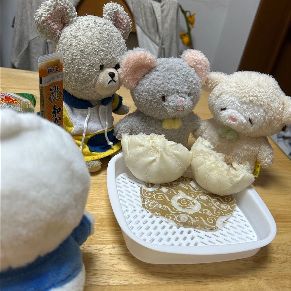 ぴーしゃんが中華まんと言うので、もこはちゅうたんと、ぴーしゃんのトコヘ行きました。この子はちゅうたん、ねずみです🐭感動屋のびっくり家です。どこを探してもちゅうと書いてないので、仕方なく帰ることにしました。そしたら、ぴーしゃんがふたりとも待ってて、チンしてもらうからと、声をかけてくれました。
もことちゅうたんが待っていると、ほかほかに蒸された肉まんがやってきました。
半分こしてくれると、いい匂いがして、パクッと食べるとふわふわでした。あったか美味しくて、ちゅうたんは感動してました🐭
ぴーしゃんアリガト🐏🐭