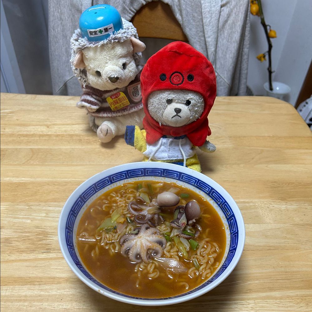 いつも楽天の魚の加工品とか買ってるお店にね、イイダコの冷凍があったの✨
韓国バラエティ番組でラーメンにたこ入れて作ってるとこやってたから、ぴーしゃん真似っこして、辛ラーメンに入れちゃうんだ🍜
ジャジャーン🎉
チュクミ🐙ラミョン🍜を食べるたこぴーしゃん🐙🐻‍❄️&辛いものに警戒中のはりーちゃん🦔
いいだこ　うめぇ〜😍
かぶりものついでに…
海老天ぴーしゃんになって海老天そばリクエスト🍤
さて‼️
晩ごはんにべか菜と油揚げの煮びたしを✨味がほんのり苦味あって油揚げと合う👍
ちんげん菜と小松菜の間なイメージだった🥬