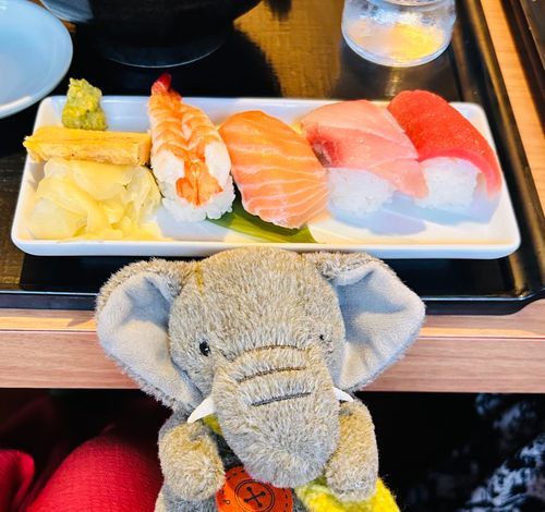 おすしとぞうちゃん。
ぞうちゃんはあまいたまごやきがすきなのですが、みなさんはあまいたまごやきとしょっぱいたまごやき、どっち派ですか？