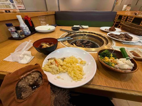 あけました　おめでとう。
このまえ　たべほうだい　できる　おみせに　いってきたよ。
おやさいも　おにくも　もりもり　たべたよ。