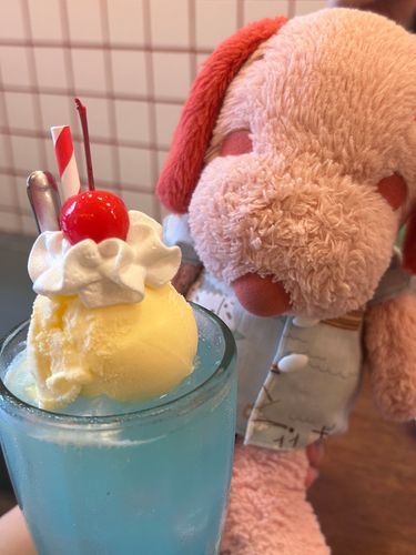 ぴぴです❨･¨  ა♥きれいなみずいろのそーだふろーと！みずいろだけどぱいなっぷるのあじなんだよ☆しゅわしゅわにあいすとなまくりーむ…まっかなさくらんぼものってかわいいのみもの𓂃◌𓈒𓐍