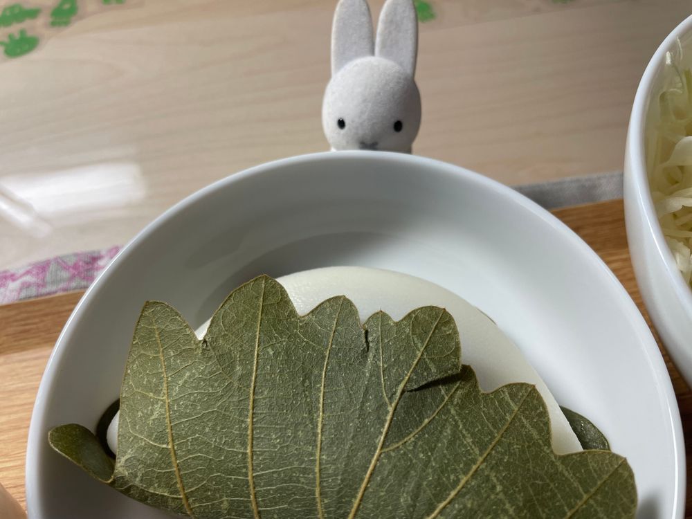 今日の祝日にあやかって泳ぐ鯉を見て、草を巻いた白い餅を食べました。おいしいね〜。