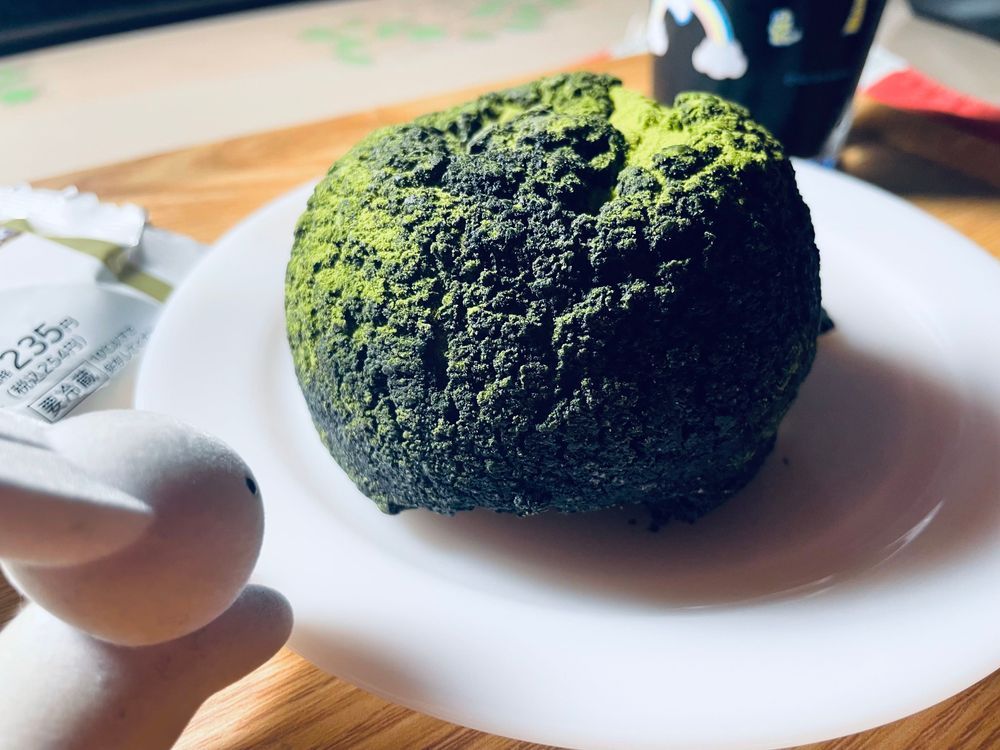 話題の苔むしたシュークリームを食べました！程よく苦くほろほろでとてもおいしかったです！本当に石に見えますね。