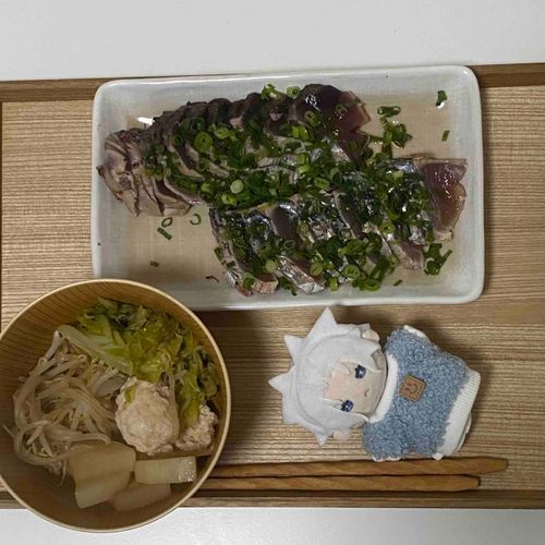 とどぬくん、カツオのたたきと野菜をくたくたに煮込んだものだよ！


ひさびさのちゃんとつくったごはんだぜ