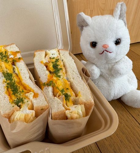 やっほー！つくねだよ！
今日のお昼はコレ！
カフェ店の
ふわふわたまごサンド♪
ふわふわのタマゴがパンにサンドされてて…
おっいしー🩷
