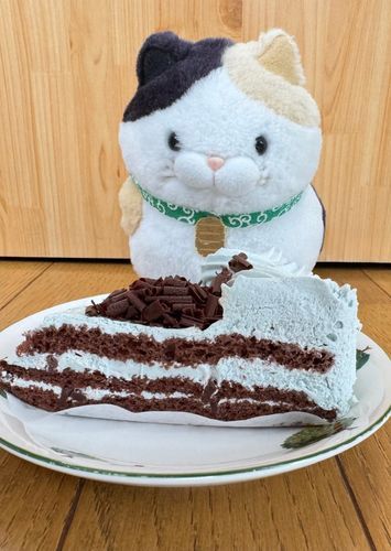 今日のおやつはコレにゃ♪
チョコミントケーキ♪
スースーして甘いケーキ
なんて贅沢だニャン♪
暑い日に食べるのがピッタリにゃ♪