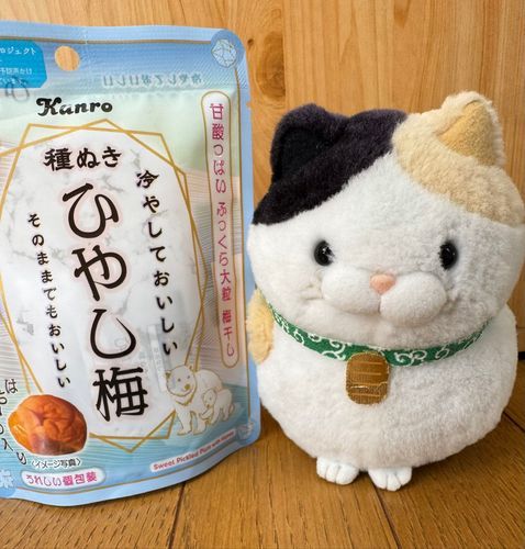 今日のおやつはコレにゃ！
ひやし梅♪
スッパイ梅干しが苦手な人にもオススメにゃん！
甘酸っぱい梅でおかわりしたくニャっちゃうニャン♪
種ぬきで個包装だから
お外でも気軽に食べれるにゃん🎵
