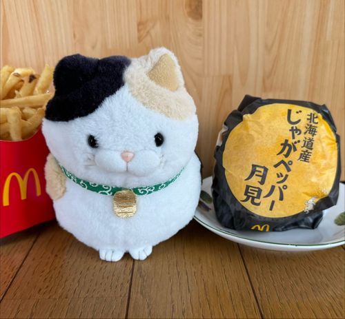 今日は十五夜♪
なのに曇りでお月見は無理かもしれニャいニャン…
気分だけでもお月見ニャ！
なので今日のお昼はコレ！
じゃがペッパー月見♪
ガブリ…
ジャガイモとたまご🩷なめらかニャン🩷
ペッパーも入ってるから丁度いいピリ辛さなのニャン🩷
