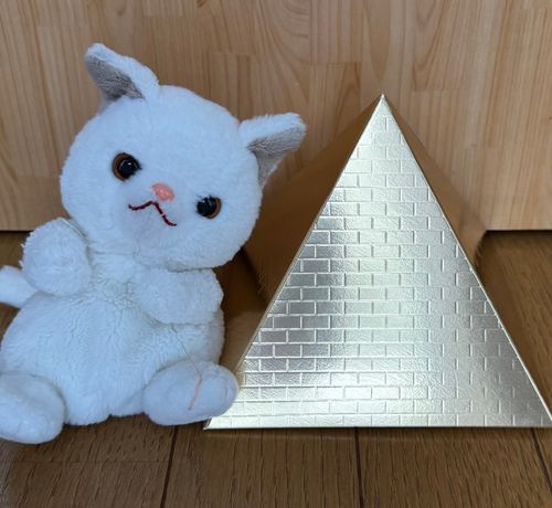 やっほー！つくねだよ！
今日のおやつはコレ！ピラミッド♪
お土産で貰ったんだけど中に
個包装のチョコレート入ってるんだ♪
