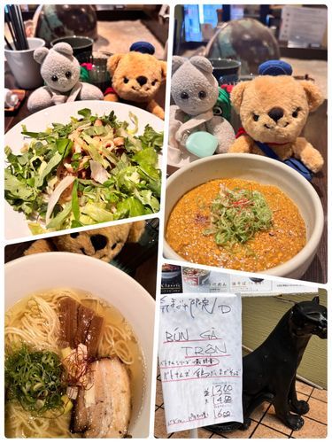 ポストくまきちと、ら〜めん食べてきたﾔ
限定のベトナムらーめんだや！
チリソース入れてピリピリうま〜だったﾔ！キーマカレーも頼んじゃった
ポストくまきちは塩らーめんと
写真撮るの忘れたけど、ひき肉の和え玉頼んでたや〜
二人で食べすぎたやあ🍜
ねむむ…
