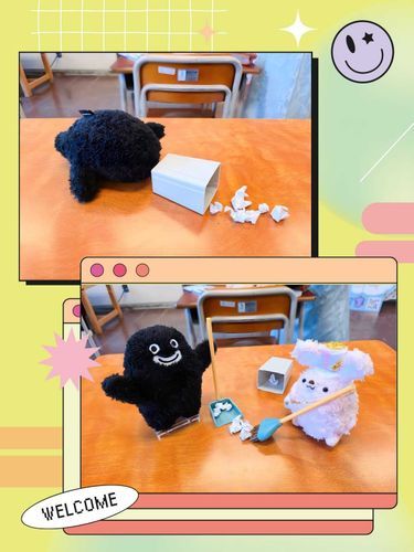 転んでゴミ箱を倒しちゃったので、お友達とお片付け