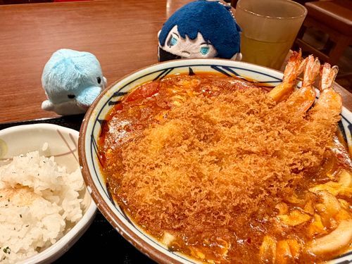 エビカツいりの とたま、・・・とまま、・・・とまたま！かれーうどんだ！
ステイだぞ、ぜったい あついからな！！