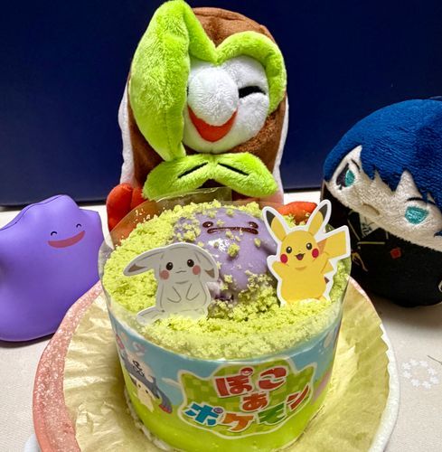 きょうの おやつは メタモンケーキだ！
カビゴンみたいに こけむしな かんじに なってて かわいいな。
うみぞこのまち、たのしみだ！