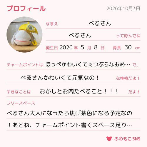 プロフィールかいたの!!
なんかねぇ、たりないの…べるさんせっかく体重とかもはかったのに…
