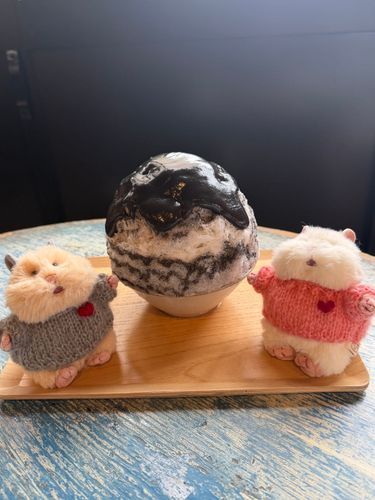 お友達の文夫くんとお揃いのセーター来てかき氷食べに行ったよ🩶🩷