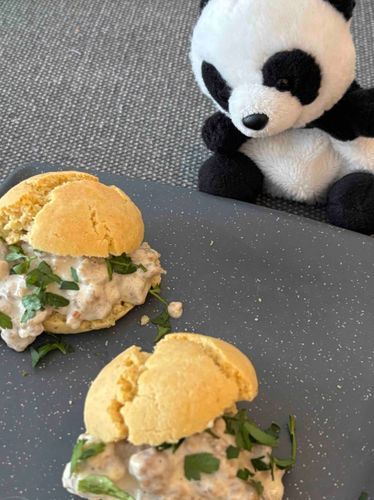🐼あたらしいおりょうりにちょうせん！ビスケットと、グレイビ〜なんだって。おいしぃ😋