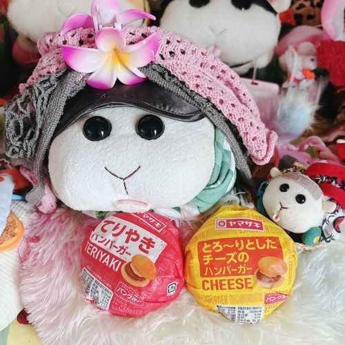 ドラストのレジで前の前人が買ってるの見てモチ🍡達も買ったんだよぉ〜！モチ🍡は日本人だからてりやき派なんだよぉ〜！モチ🍡
リアリィ🐶はハワイ島出身だからチーズバーガーが好きなの〜♡美味しいの〜♡リアリィ🐶