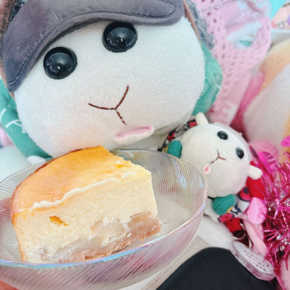 モチ🍡の育ての親、葉月ハムカツ🧡(左)と葉月カシワモチ💚(右)の5歳の誕生日ケーキなんだよぉ〜！おめでとうなんだよぉ〜！いつもありがとうなんだよぉ〜！モチ🍡
アップルシナモンチーズケーキなの〜♡うまくできたの〜♡リアリィ🐶