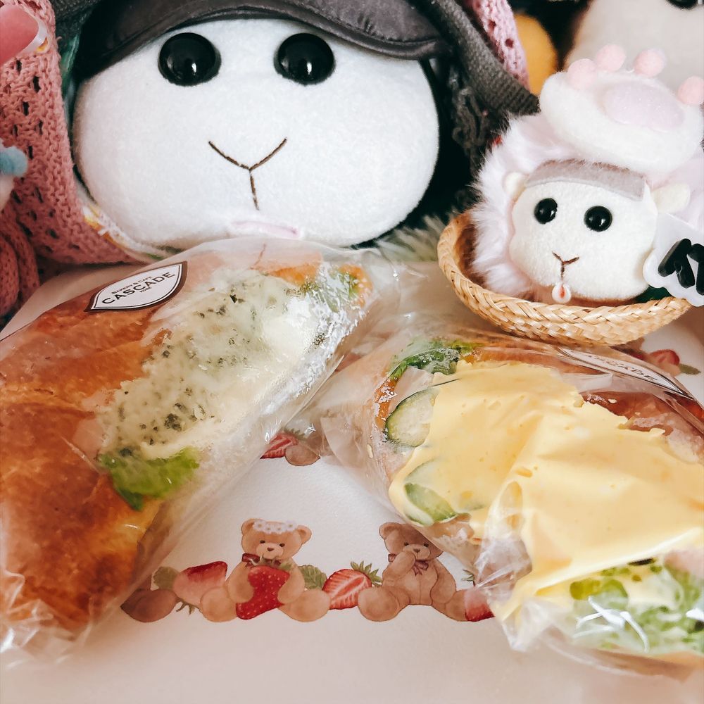 お昼ご飯は久しぶりにCASCADEのサンドイッチなんだよぉ〜！モチ🍡は塩バターパンにクリームチーズ&バジルチキンがお気に入りなんだよぉ〜！モチ🍡
リアリィ🐶は大好きな卵さんがたくさんのハム卵クロワッサンサンドなの〜♡10:30に行って10人くらいレジ待ちしててビックリだったの〜♡リアリィ🐶