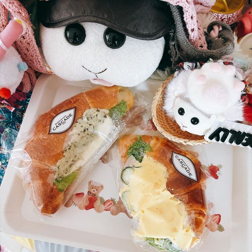 お昼ご飯は久しぶりにCASCADEのサンドイッチなんだよぉ〜！モチ🍡は塩バターパンにクリームチーズ&バジルチキンがお気に入りなんだよぉ〜！モチ🍡
リアリィ🐶は大好きな卵さんがたくさんのハム卵クロワッサンサンドなの〜♡10:30に行って10人くらいレジ待ちしててビックリだったの〜♡リアリィ🐶