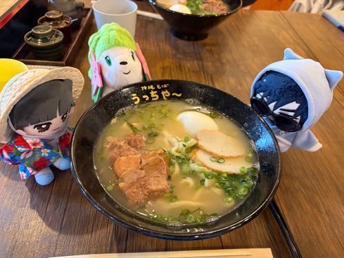 ～沖縄旅行⑧ 昼食編～

🦔：くんくん、くんくん…すごくいいにおいがするでしゅっ✨️ なんでしゅかこれ？？

🌹：これは ソーキそばとはまた違う
うっちやーそば（沖縄そばの1つ？）だそうだ。三枚肉が柔らかそうだな。

🌹🕶：卵も入ってるんだな。