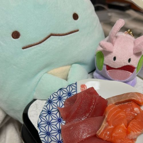 お友達のとかげさんとお刺身食べたヌメ！