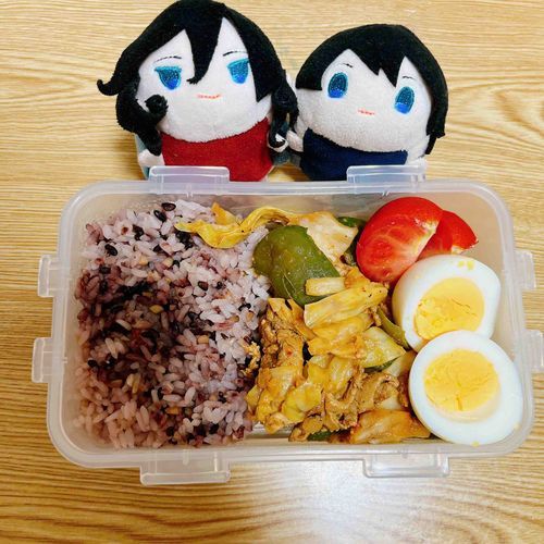 #今日のお弁当
●回鍋肉
●ゆで卵
●デカミニトマト
●雑穀ご飯