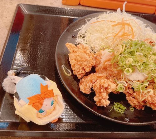 おはよう。これはきのうのらんちのようす。おさらのそとに からあげがころがっているな。たべてしまおうかな