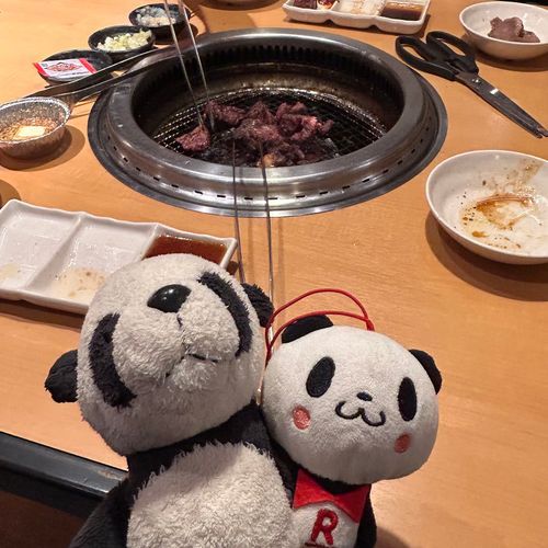 どよーびは、たべほーだいだったパン🐼🥩✨おいしかったけど、なかなかお肉が届かなくて、かなしかったパン😢マンちゃんがすっごくプリプリしてたパン💦さいごに慌ててたくさんデザート頼んだパン🌟