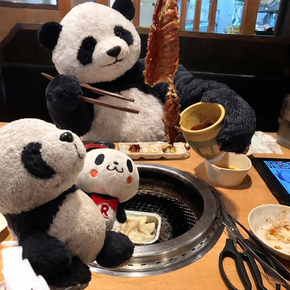どよーびは、たべほーだいだったパン🐼🥩✨おいしかったけど、なかなかお肉が届かなくて、かなしかったパン😢マンちゃんがすっごくプリプリしてたパン💦さいごに慌ててたくさんデザート頼んだパン🌟