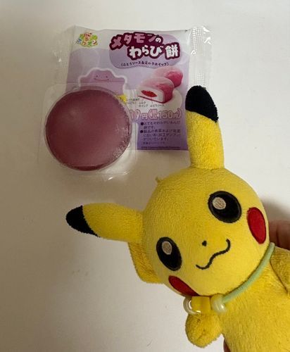 ピカだよー！
今日、みんなでメタモンのわらび餅を食べたよ！
ぶどうの味がして、中のクリームがとっても美味しかったよ！