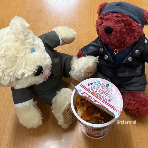 🐻‍❄️冷たいカップ麺ですって？
🐻キムチ味だ…汁が飛んだら大変だから離れた方がいいぞテデ谷くん