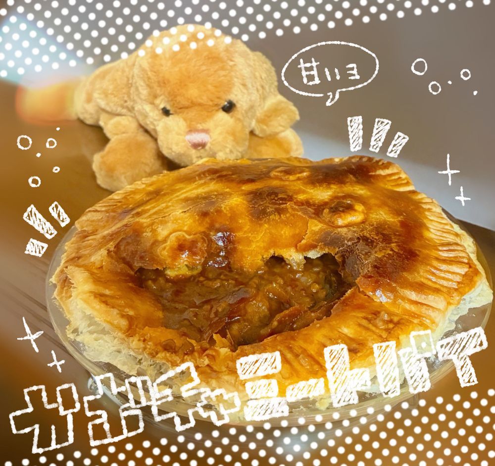パイ作った！🥧2枚同時お日記
いい感じに　やけたのだ〜っっ！中身は〜・・・2枚め！
かぼちゃミートパイ　なのだ！🎃🥧かぼちゃ　あまあま　パイも　あまあまで　おやつみたいなのだ〜〜〜！！